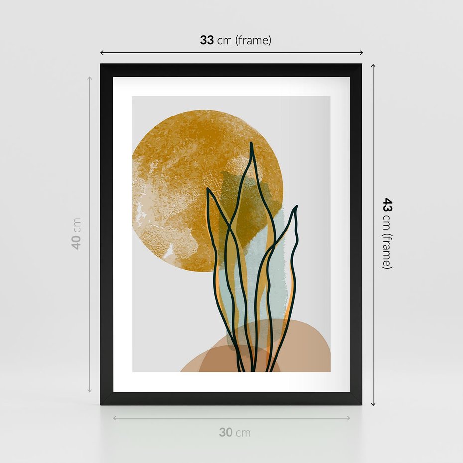 Plakat w ramie 30x40 - Światło Natury: Graficzne Liście i Złote Słońce - grafika, graficzne liście - rama czarna