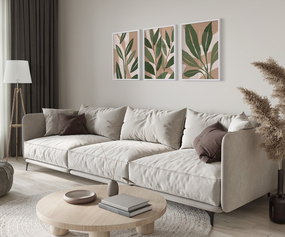 Zestaw obrazy w ramie 30x40 galeria - Liście, graficzne, boho - rama biała