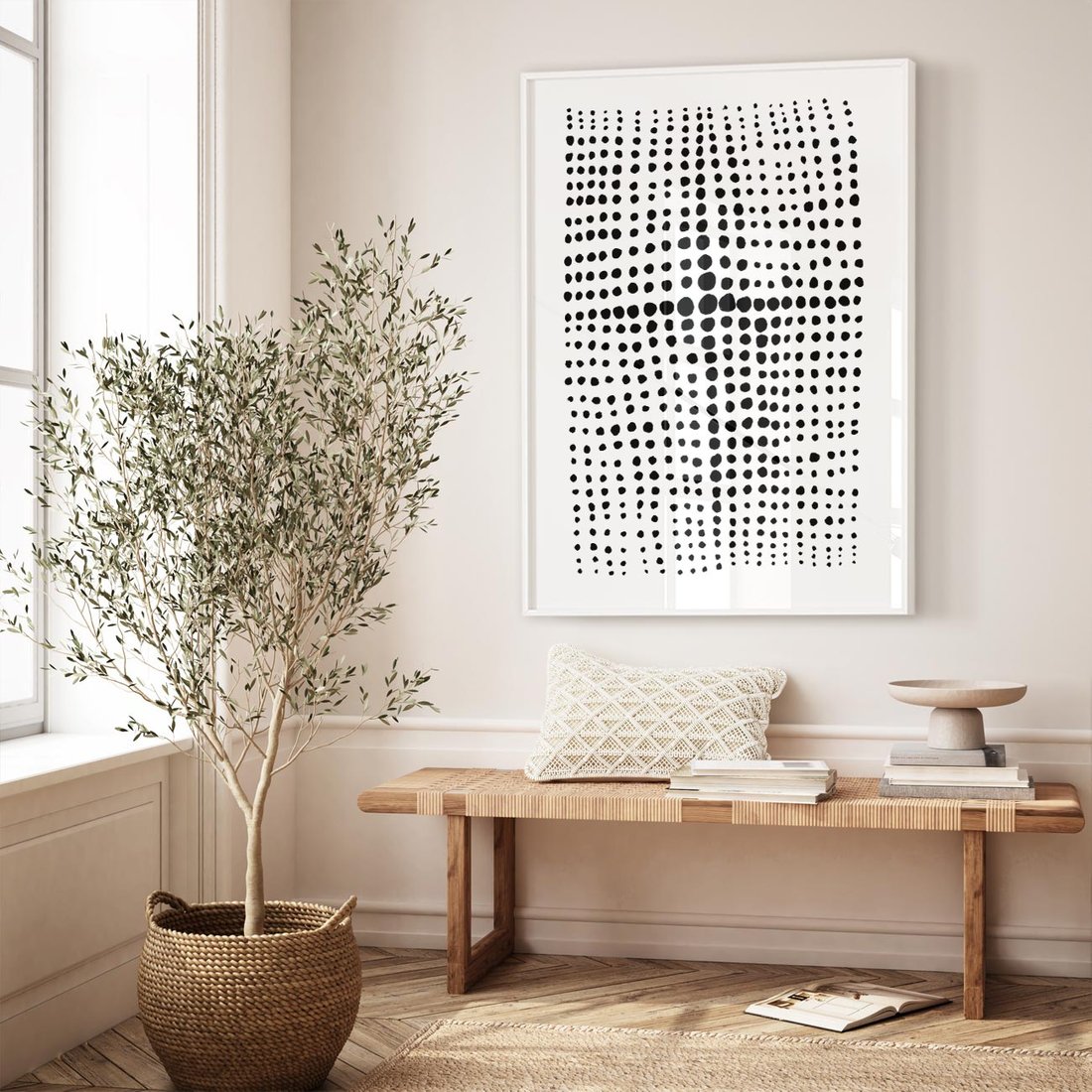 Plakat bez ramy 50x70 - Refleksje Monochromatycznych Widoków - abstrakcyjna kompozycja z czarnych kropek, minimalistyczny czarno bialy plakat