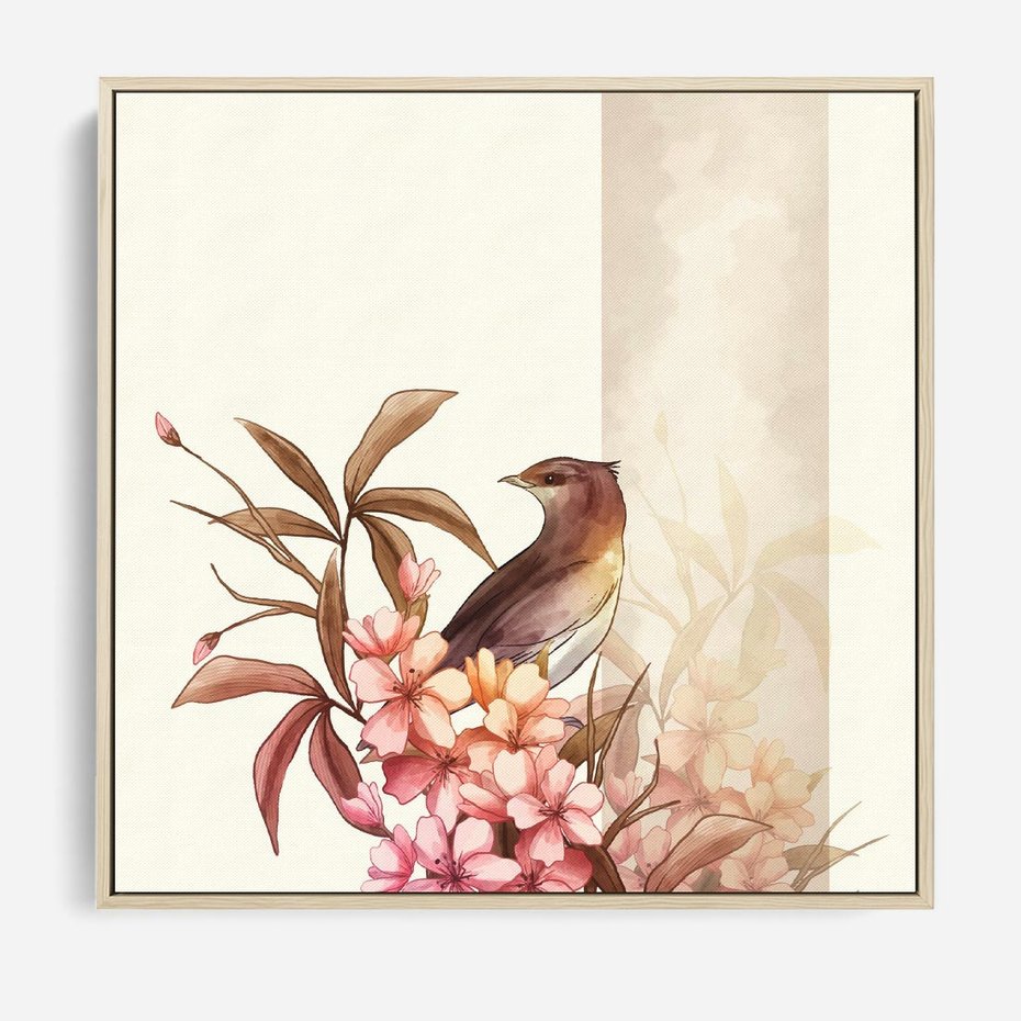 Obraz w ramie 80x80 - Kwiatowe Zanurzenie - japońska sztuka, ptak - rama drewno