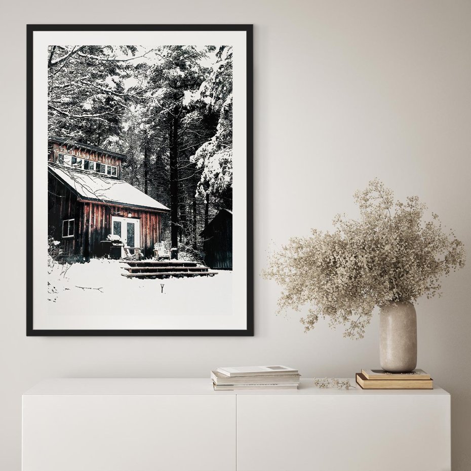 Plakat bez ramy 21x30 - Zimowy Urok Drewnianego Domku - zima, drewniany domek