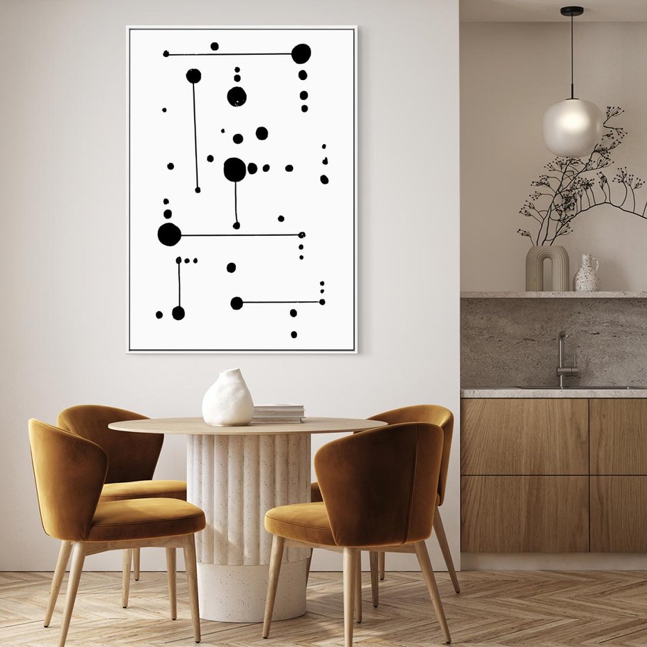 Obraz w ramie 50x70 - Nocne Zawirowania - abstrakcyjny plakat, czarne kropki i kreski - rama biała