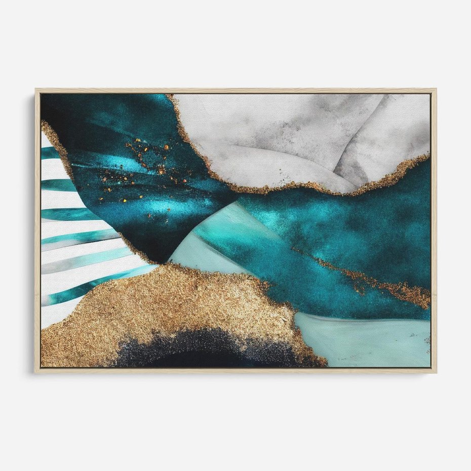 Obraz w ramie 100x70 - Rozlane Turkusy - Turkusowe plamy, złote elementy - rama drewno