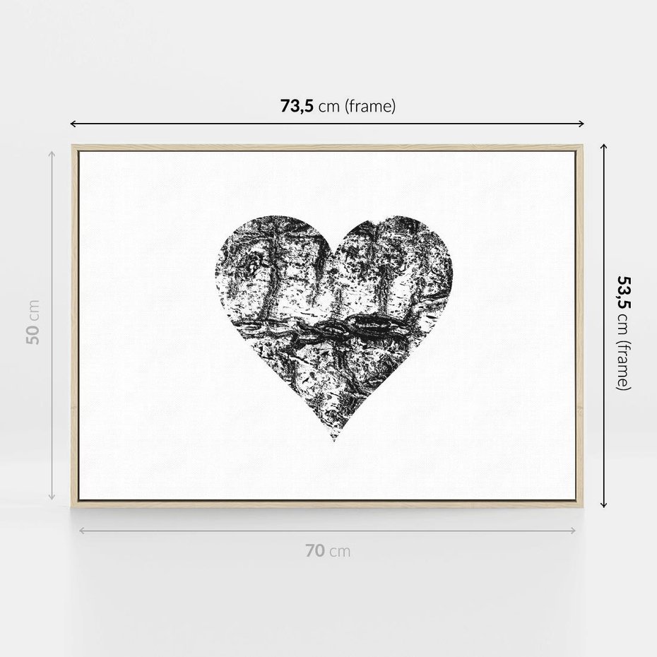 Obraz w ramie 70x50 - Drzewo Serca - czarne serce, tekstura jak kora drzewa - rama drewno