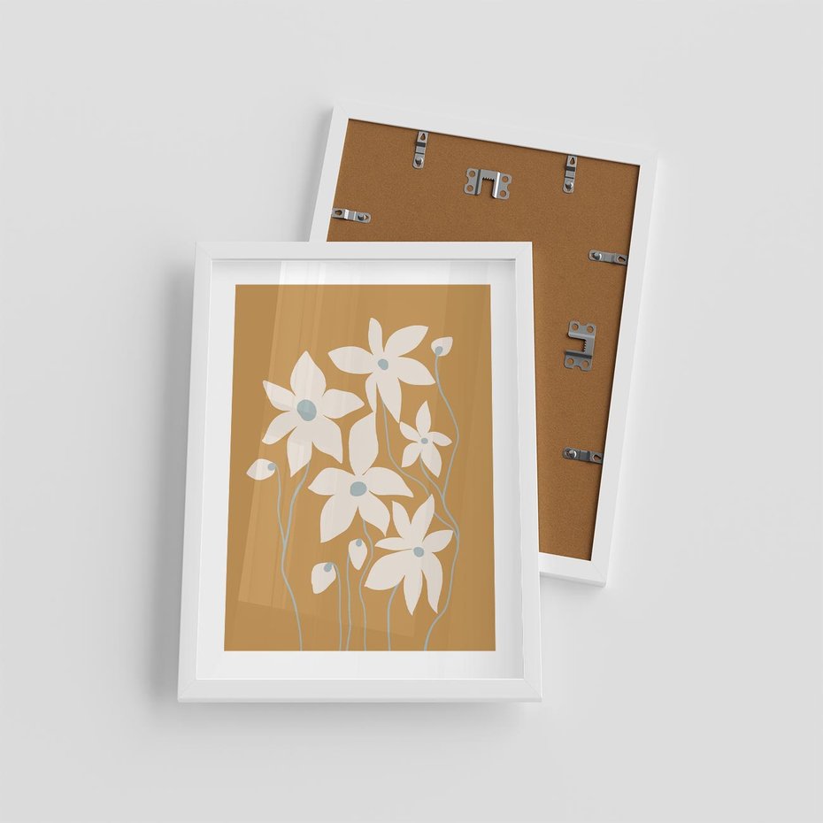 Plakat w ramie 30x40 - Kwiatowy Spektakl - minimalistyczne kwiaty, na pomarańczowym tle - rama biała
