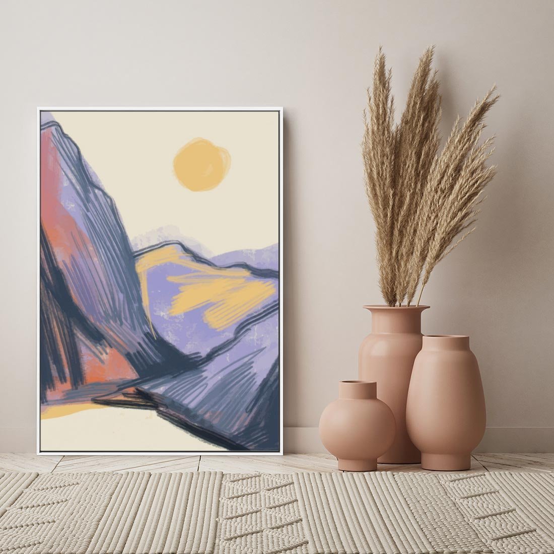 Obraz w ramie 80x120 - Ponad Szczytami - pastelowy krajobraz, nowoczesny plakat - rama biała