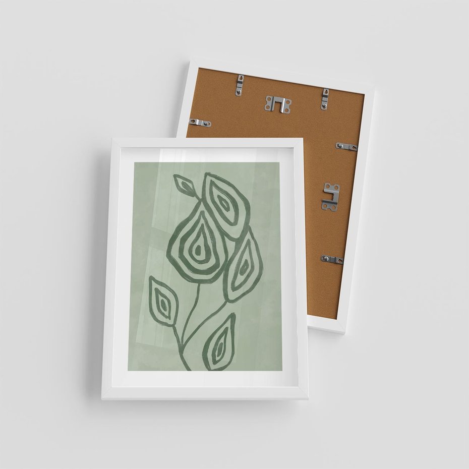 Plakat w ramie 30x40 - Szmaragdowy Oddech - abstrakcyjne delikatne zielone linie, podobne do gałęzi kwiatów - rama biała