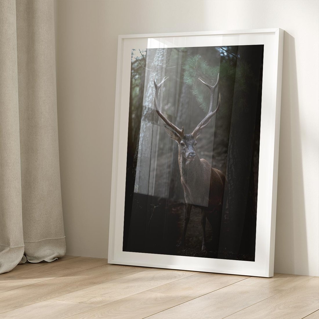 Plakat w ramie 30x40 - Jeleń wśród lasu - jeleń, las - rama biała