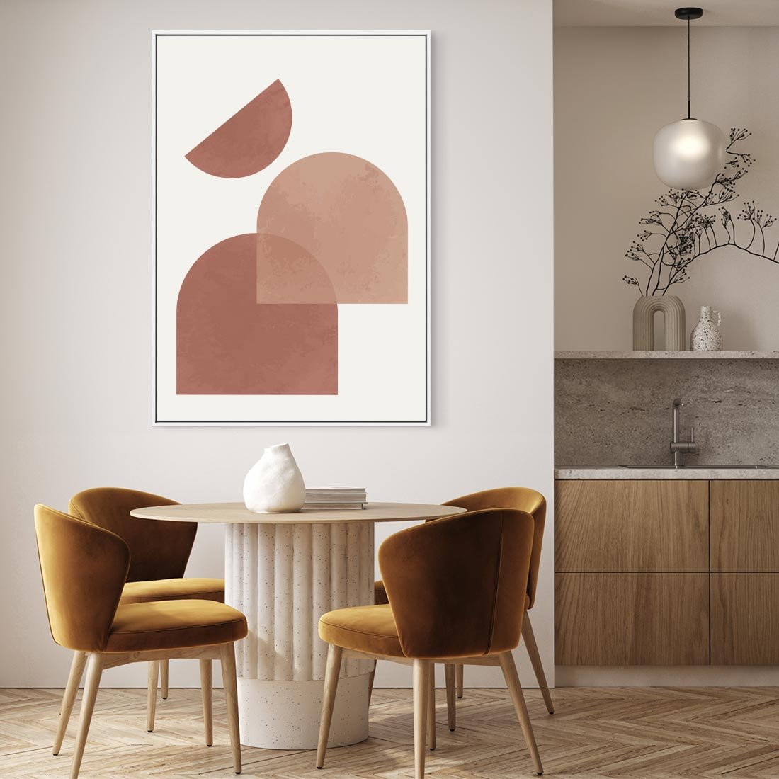 Obraz w ramie 80x120 - Harmonijne Widoki - abstrakcyjne geometryczne kształty, odcienie brązu i beżu - rama biała