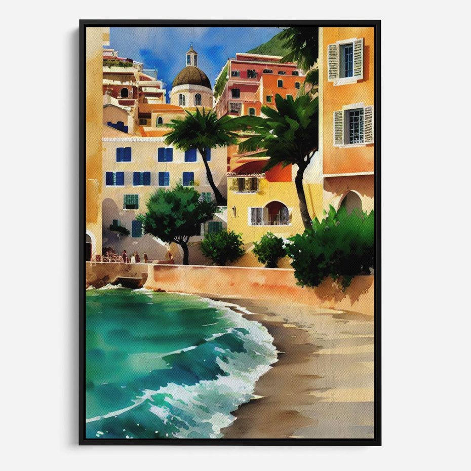 Obraz w ramie 50x70 - Zamieszkajmy Tu - akwarela, śródziemnomorski klimat - rama czarna