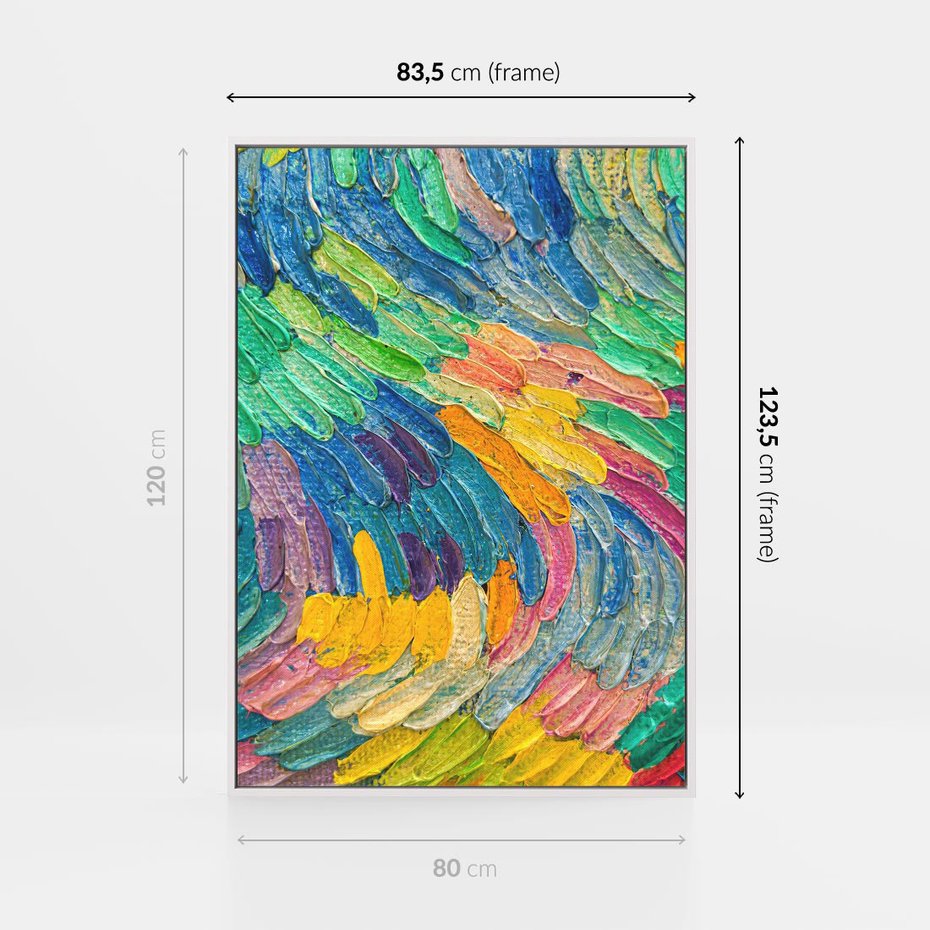 Obraz w ramie 80x120 - Egzotyczne Pióra - abstrakcyjne dzieło, farby olejne - rama biała