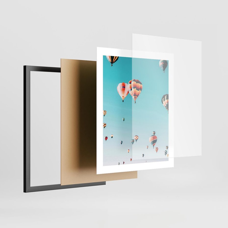 Plakat w ramie 40x50 - Balonowa Ekscytacja - balony latają w powietrzu, wyścigi balonów - rama czarna