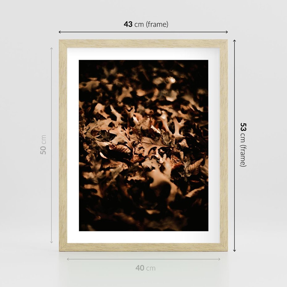 Plakat w ramie 40x50 - Jesienne Liście: Nostalgiczna Kolorystyka - suche liście, jesień - rama drewno