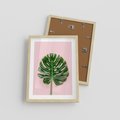 Plakat w ramie 30x40 - Monstera w Różowym Świetle - liść monstery, różowe tło - rama drewno