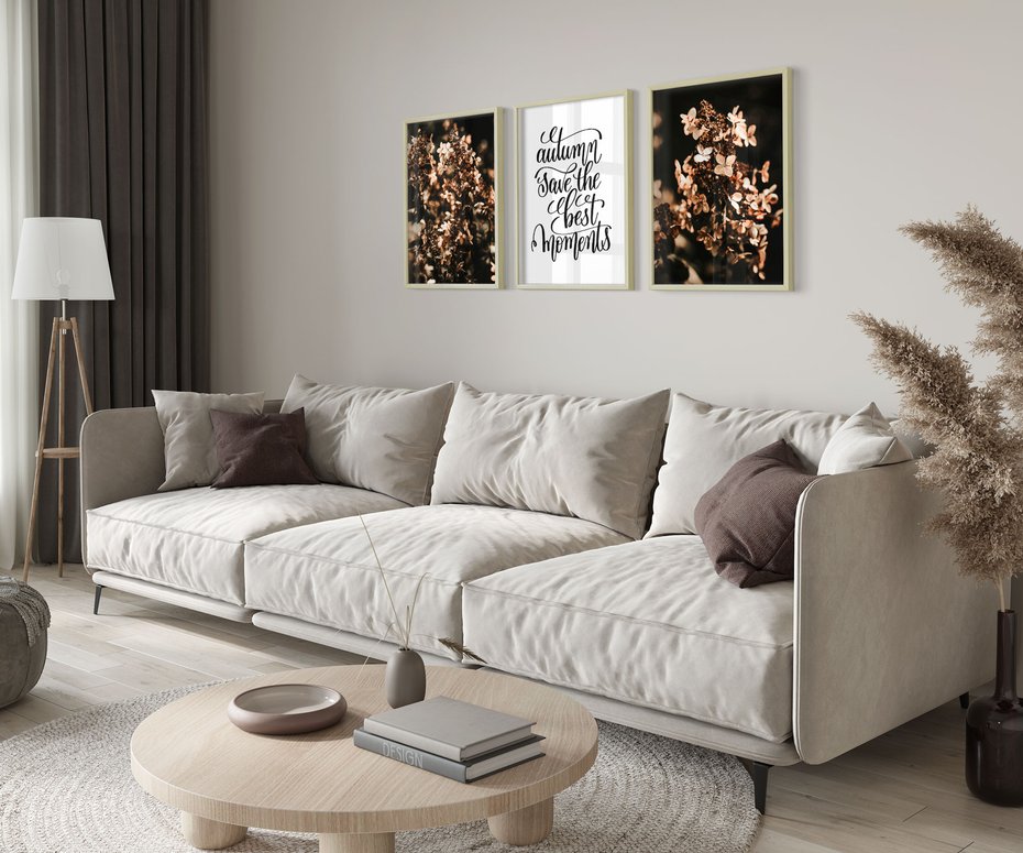 Zestaw obrazy w ramie 30x40 galeria - Hortensja, kwiaty, suche, cytat - rama drewno