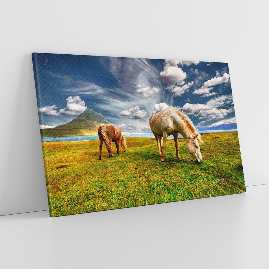 Obraz na płótnie 120x80 - Konie na łące przy jeziorze: Siła natury - konie, łąka