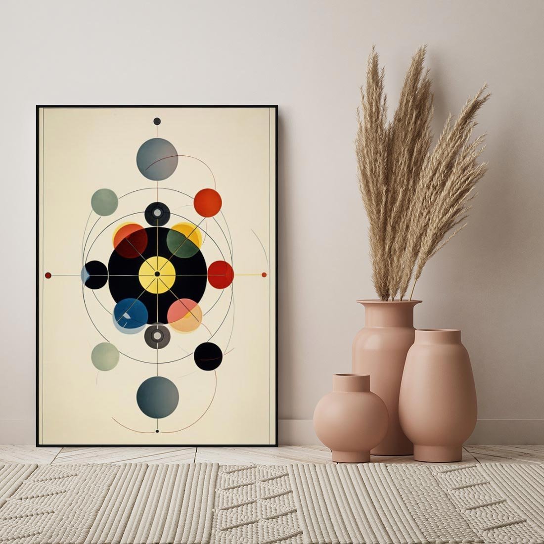 Obraz w ramie 70x100 - Bezgraniczny Taniec Światła - abstrakcyjna geometryczna kompozycja, koła linie - rama czarna