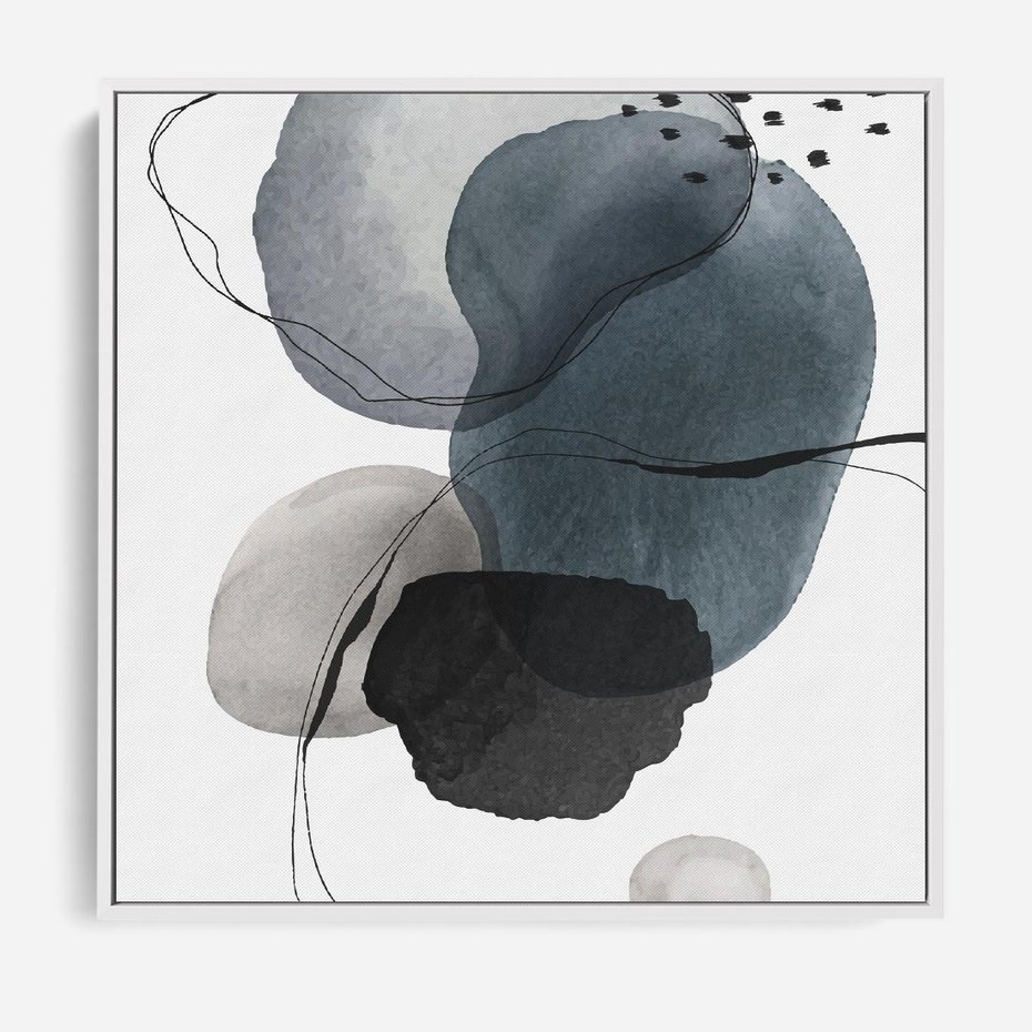 Obraz w ramie 50x50 - Wibracje Kształtów - abstrakcyjne plamy akwarelowe, czarny szkic - rama biała