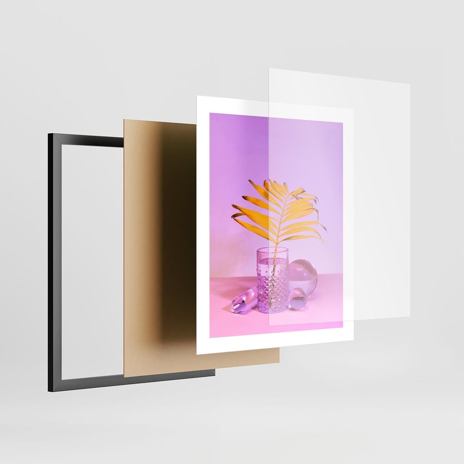 Plakat w ramie 40x50 - Neonowy Liść Palmy na Fotografii - neonowa fotografia, liść palmy w szklance - rama czarna