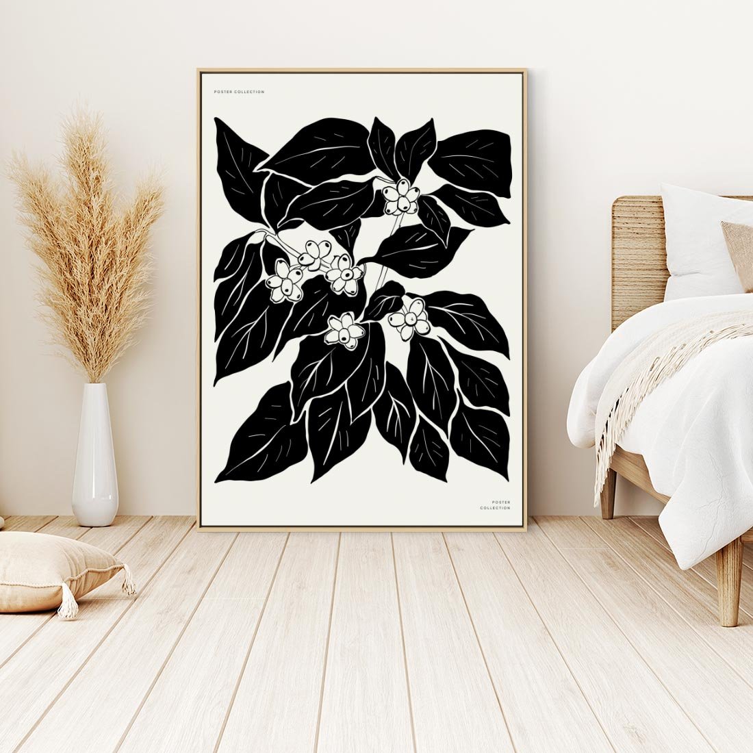 Obraz w ramie 80x120 - Ruchome szkicowe odbicia - czarno biała grafika, roślinność - rama drewno