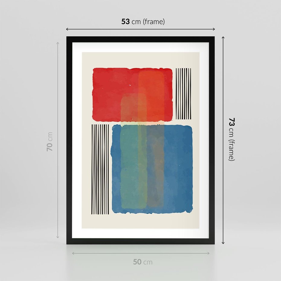 Plakat w ramie 50x70 - Kolorowe Spektrum - kolorowa geometria, prostokąty w intensywnych kształtach i czarne kreski - rama czarna