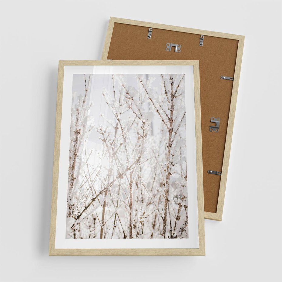 Plakat w ramie 50x70 - Szron na Gałęziach - ośnieżone gałązki, szron na gałęziach - rama drewno