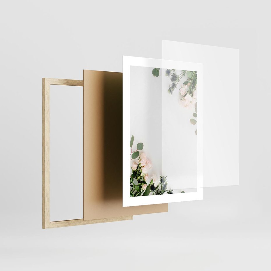 Plakat w ramie 30x40 - Kompozycja z Białych Róż i Eukaliptusa - kompozycja z białych kwiatów na białym tle, róże - rama drewno