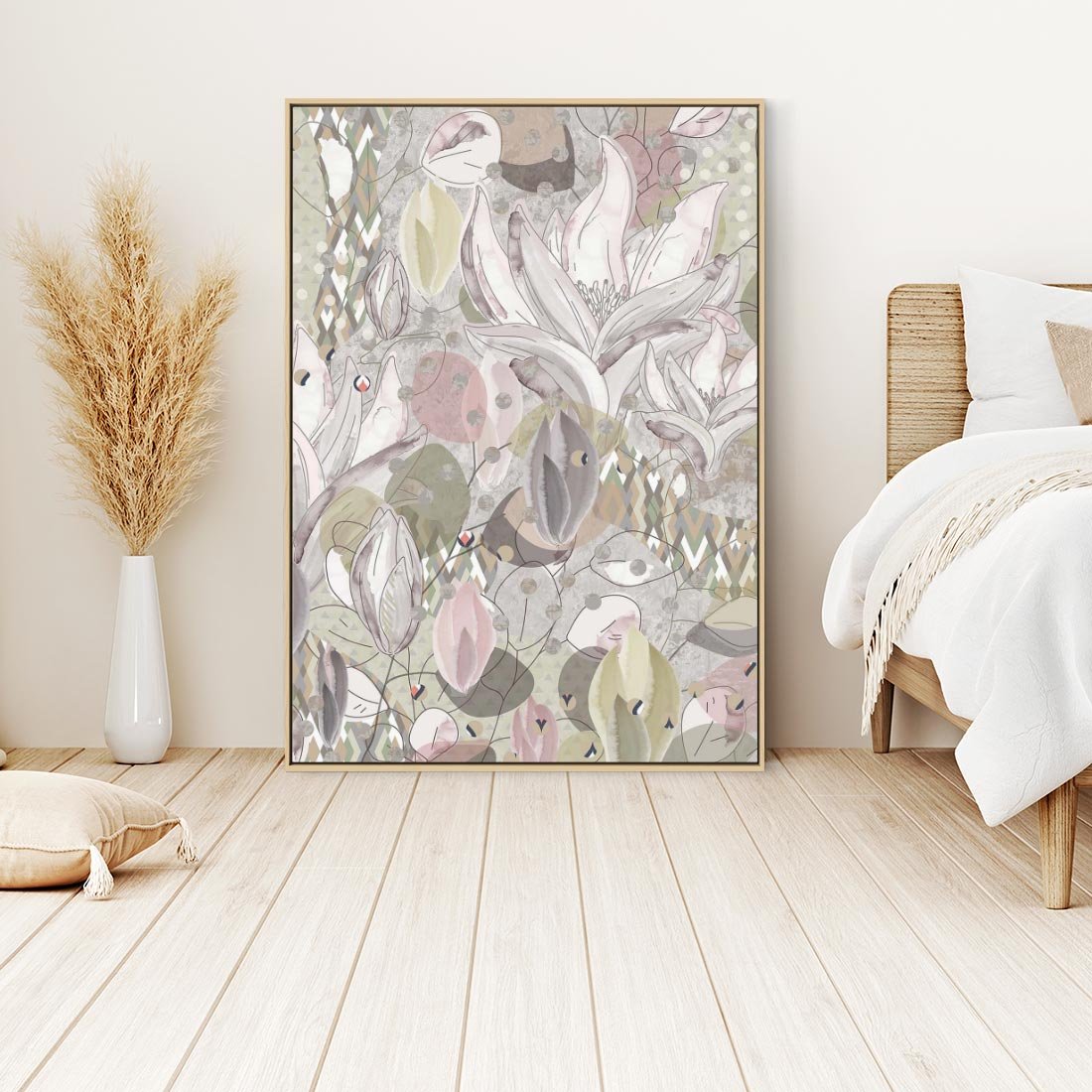 Obraz w ramie 50x70 - Pejzaże zatajonej duszy - połączenie tekstur, roślinne motywy - rama drewno