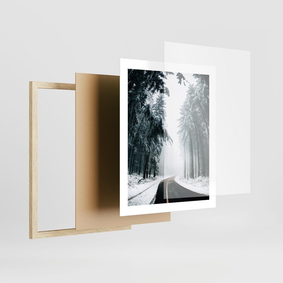 Plakat w ramie 40x50 - Droga przez Zimowy Las - drzewa, śnieg - rama drewno