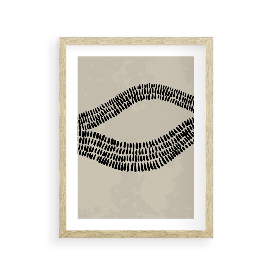 Plakat w ramie 30x40 - Kontury Ewolucji Materii - boho plakat, czarne kropki kreski - rama drewno