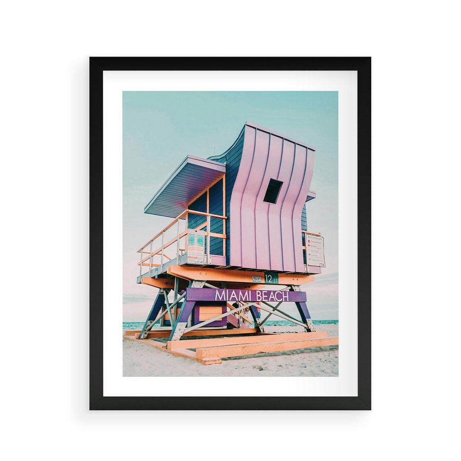 Plakat w ramie 40x50 - Miami Beach - plaża miami, domek ratownika - rama czarna
