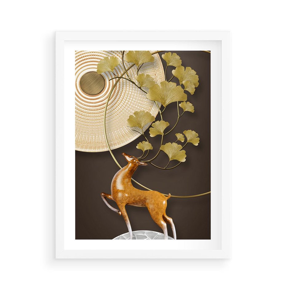 Plakat w ramie 50x70 - Elegancja i Tradycja - złote, liście - rama biała
