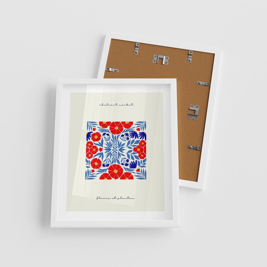 Plakat w ramie 40x50 - Tajemnicza Droga - nowoczesna kwiatowa kompozycja, czerwony i niebieski - rama biała