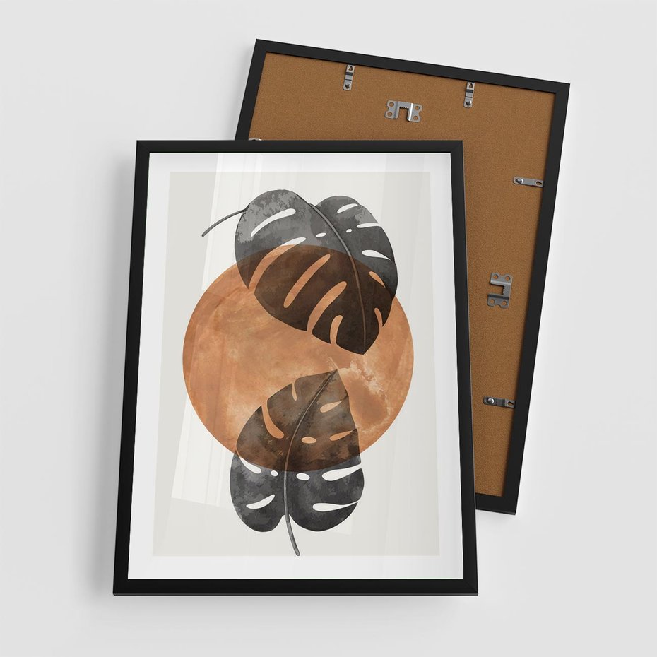 Plakat w ramie 50x70 - Elegancja w Detalach: Miedziane Koło z Monsterą - grafika, miedziane koło - rama czarna