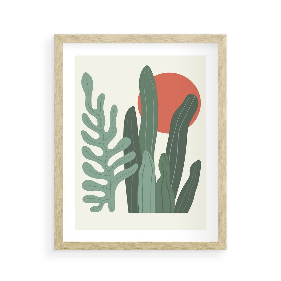 Plakat w ramie 40x50 - Graficzna Harmonia: Liście i Rośliny na Plakacie - liście, grafika - rama drewno