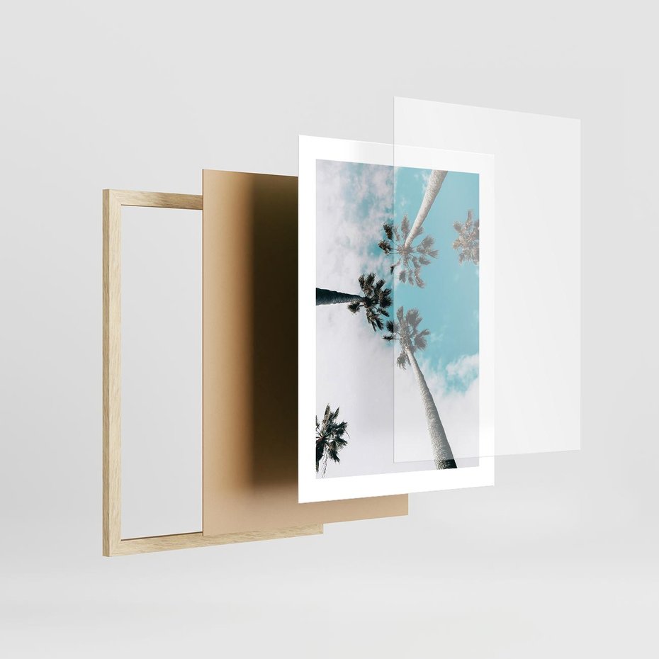 Plakat w ramie 30x40 - Palmy w Gorącym Niebie - palmy, ujęcie z dołu - rama drewno