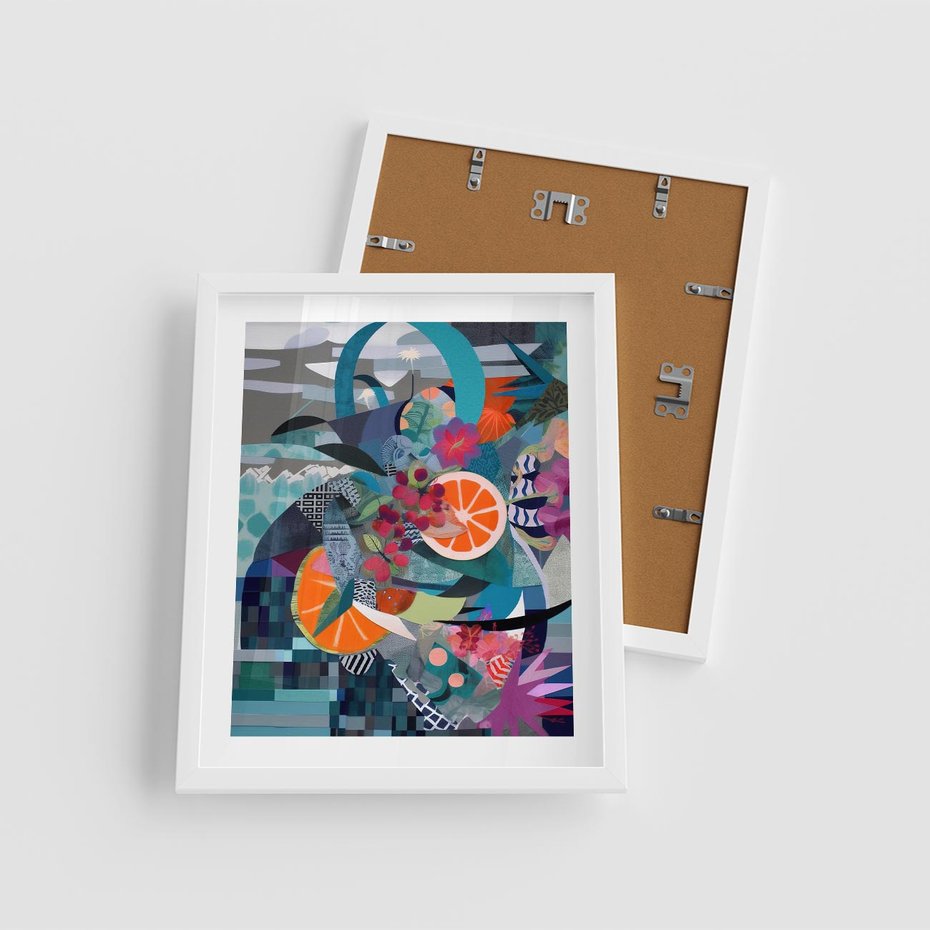 Plakat w ramie 40x50 - Migocące Widoki Harmonii - abstrakcyjny obraz, jak picasso - rama biała