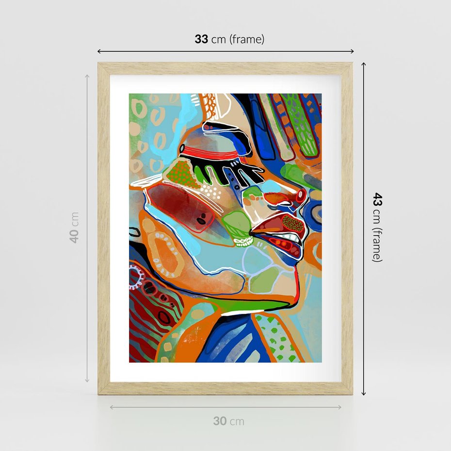 Plakat w ramie 30x40 - Kolorowe Wnętrza Kształtów - abstrakcyjny portret kobiety, twarz - rama drewno