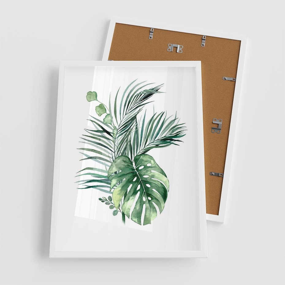 Plakat w ramie 50x70 - Liście i Życie: Akwarelowa Oaza - akwarelowy obrazek, pamy - rama biała