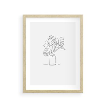 Plakat w ramie 50x70 - Tajemnicza Harmonia - sztuka one line, monstera - rama drewno
