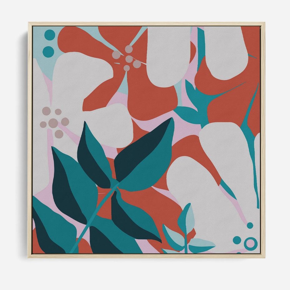 Obraz w ramie 80x80 - Harmonijne Formy - abstrakcyjna kompozycja kwiatowych form, kolor zgaszone - rama drewno