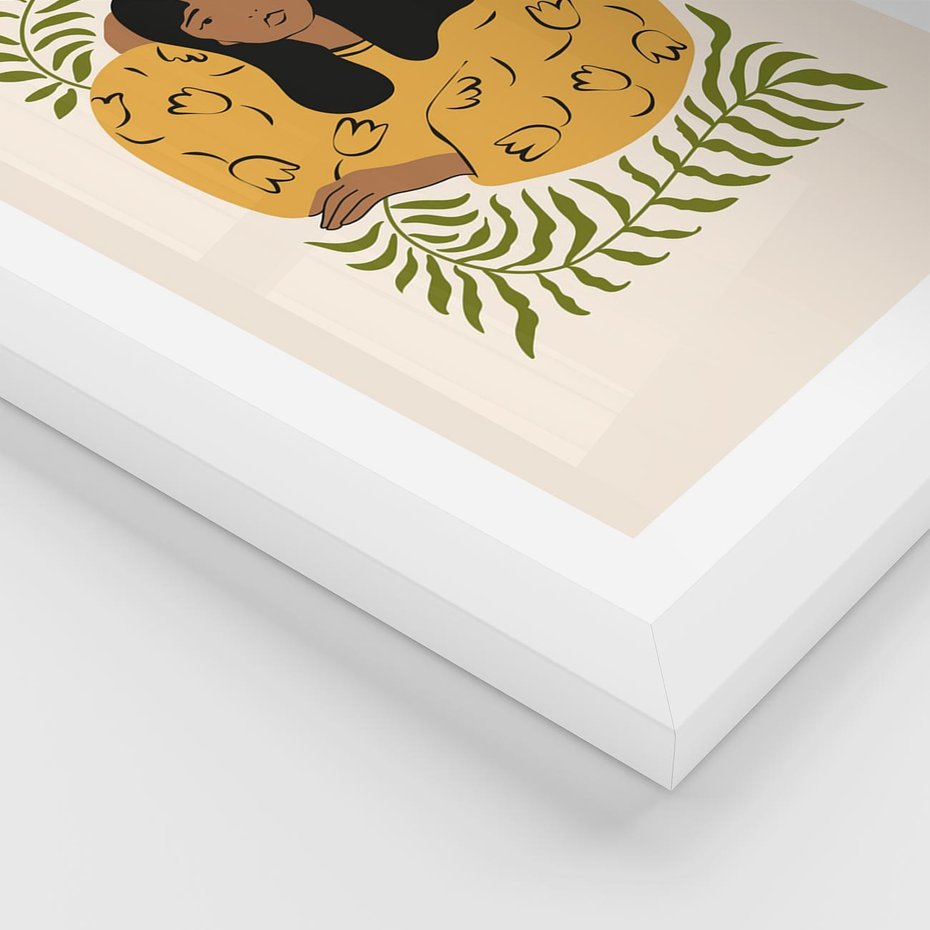 Plakat w ramie 30x40 - Malowane Odbicia Wyobraźni - nowoczesny plakat, kobieta otoczona liśćmi - rama biała