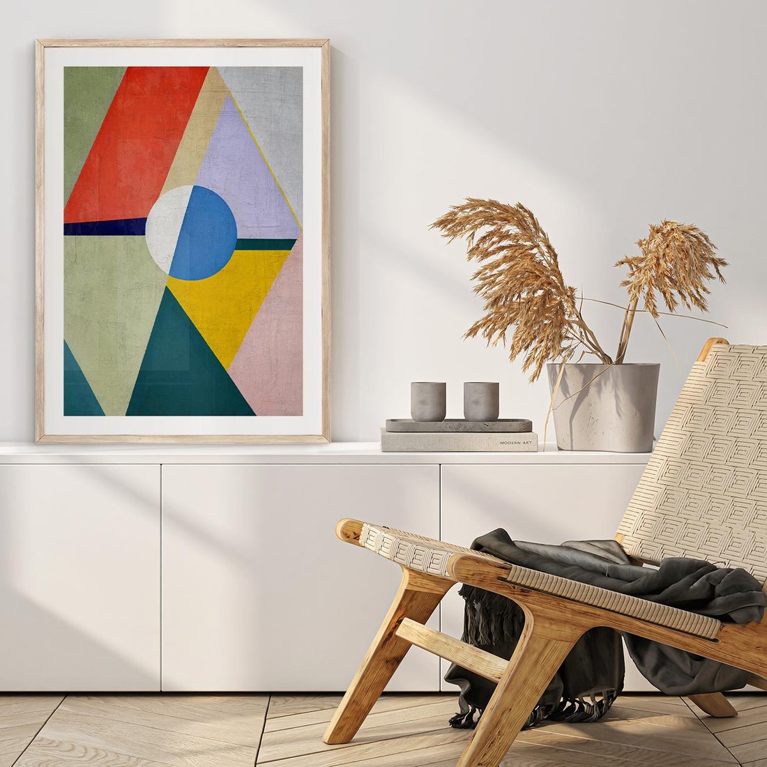 Plakat w ramie 50x70 - Taniec Subtelnych Odbić - abstrakcyjne geometryczne kształty, olejny obraz - rama drewno