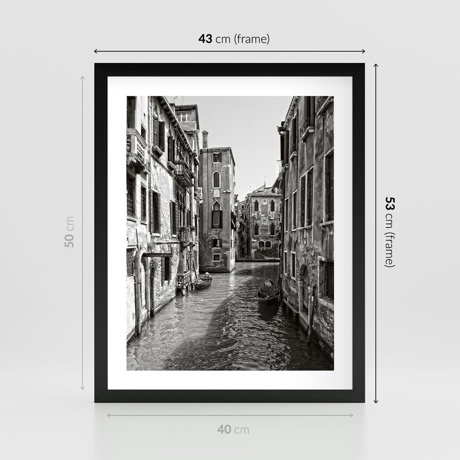 Plakat w ramie 40x50 - Weneckie Kanały - czarno białe zdjęcie, wenecja - rama czarna