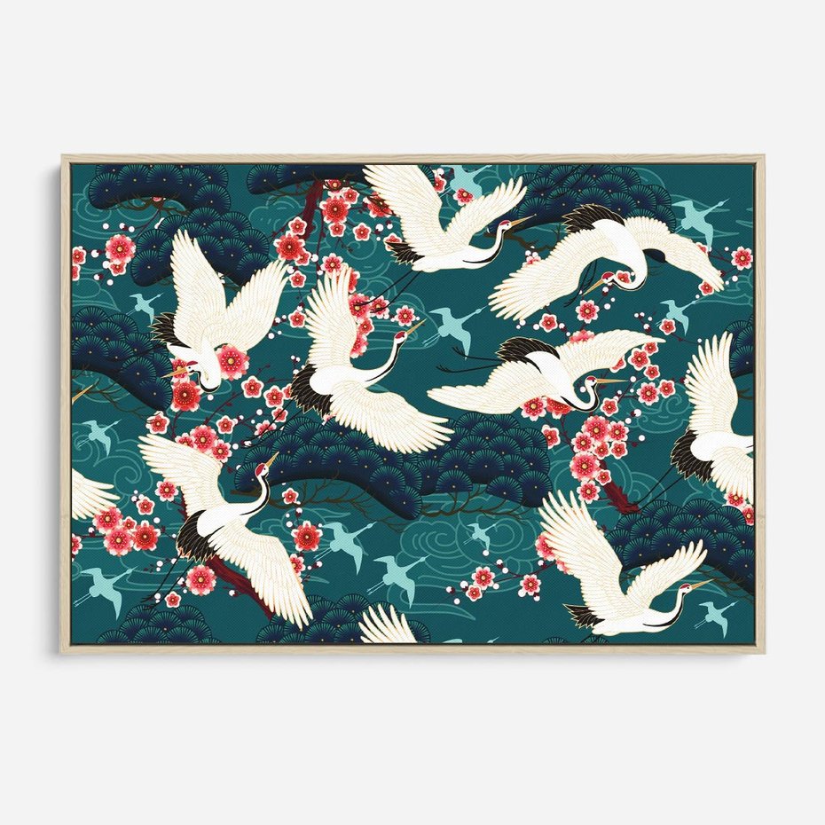 Obraz w ramie 120x80 - Żurawie Wachlarze - orientalne japońskie żurawie, grafika - rama drewno