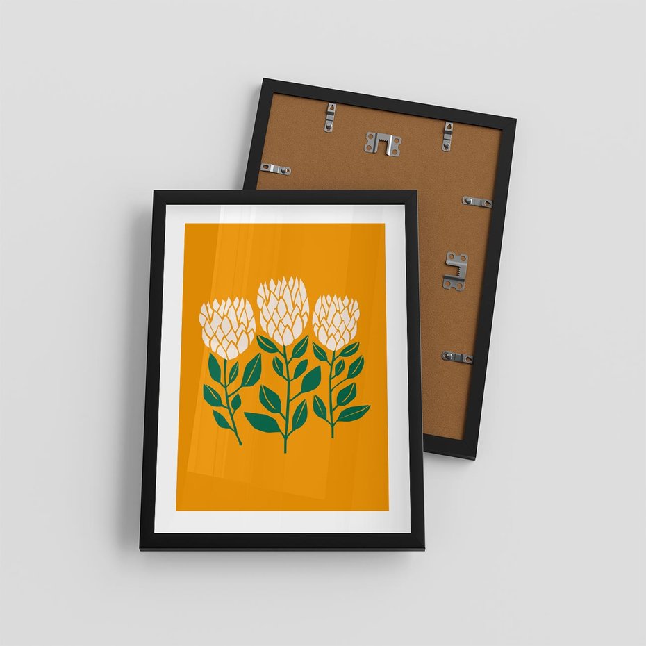 Plakat w ramie 30x40 - Kolorowe Impresje - abstrakcyjna kwiatowa kompozycja, żółte mocne tło - rama czarna