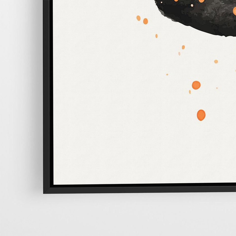 Obraz w ramie 70x100 - Impulsy Kreatywności - abstrakcyjna czarna plama, rozsiane pomarańczowe kropki - rama czarna