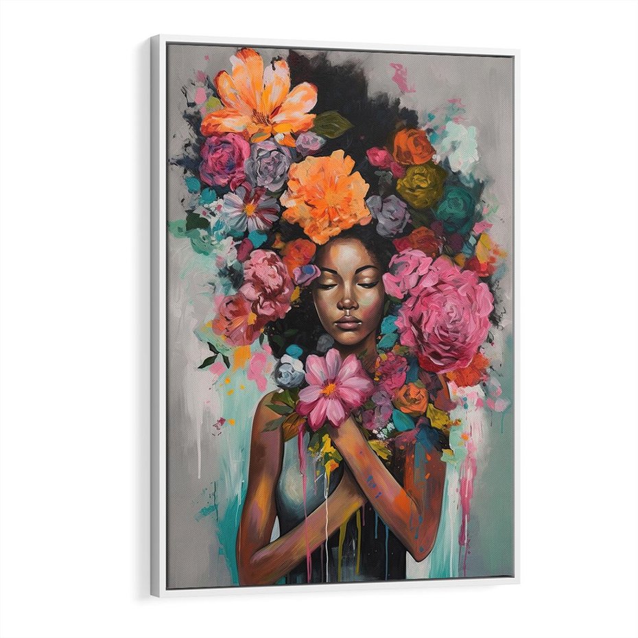 Obraz w ramie 50x70 - Z Głową w Kwiatach - obraz olejny, sztuka nowoczesna - rama biała