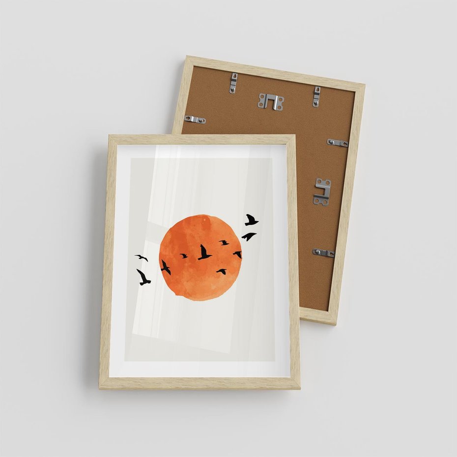 Plakat w ramie 30x40 - Zachód Słońca i Ptaki - grafika akwarela, czarne ptaki na tle zachodu słońca - rama drewno