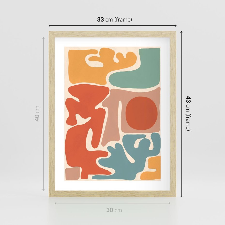 Plakat w ramie 30x40 - Pastelowa Symfonia Kształtów - abstrakcyjne kolorowe formy, pastelowe kolory - rama drewno